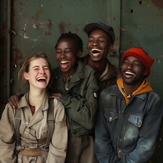 Four friends in work clothes laughing together and sharing a moment of happiness, group picture with people in work clothes of different nationalities and cultures, AI generated