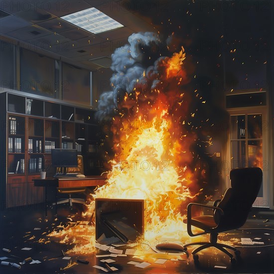 An office burns, paper swirls through the air and dramatic light penetrates the thick smoke, AI generates, AI generated