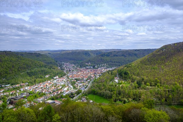 View from the medieval castle ruins of Hohenurach on the Swabian Alb over Bad Urach, Baden-Wuerttemberg, Germany, Europe