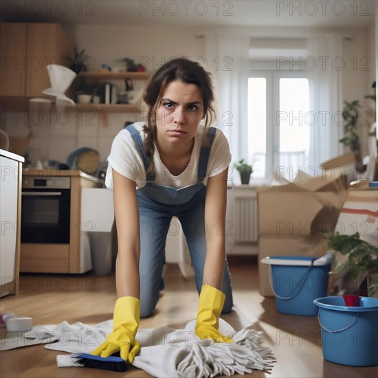 A concentrated woman with her sleeves rolled up cleans the floor in the kitchen, No desire to tidy up, AI generated