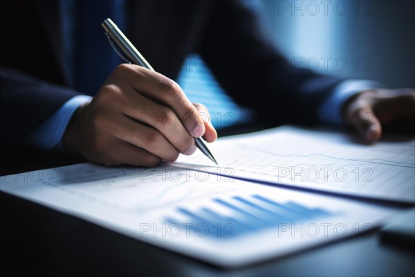 Close up of hand of businessman in suit analyzing work sheets. KI generiert, generiert, AI generated