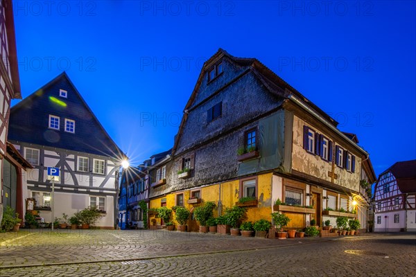 View of an old town, half-timbered houses and streets in a town. Seligenstadt am Main, Hesse Germany