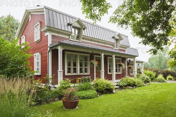 Old 1892 burgundy with white trim pinewood plank house facade with mansarde style grey sheet metal roof and landscaped front yard in summer, Quebec, Canada, North America