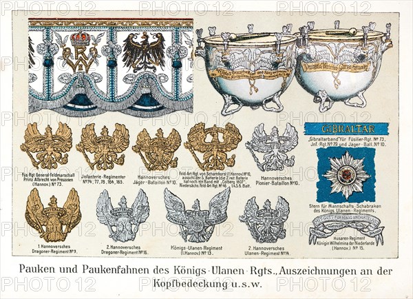 Flags, timpani, timpani flags, helmet fittings, Gibraltar ribbon etc., decorations, dragoons, pioneers, hunters, infantry, King's Uhlan Regiment, battalion, Albrecht of Prussia, Wilhelm II, von Scharnhorst, colour plate, historical illustration from Zur Erinnerung an die Kgl. Hannoversche Armee und ihre Stammtruppen, Gedenkblatt zur Feier des 19. Dezember 1903, Meisenbach, Riffarth & Co, 1903