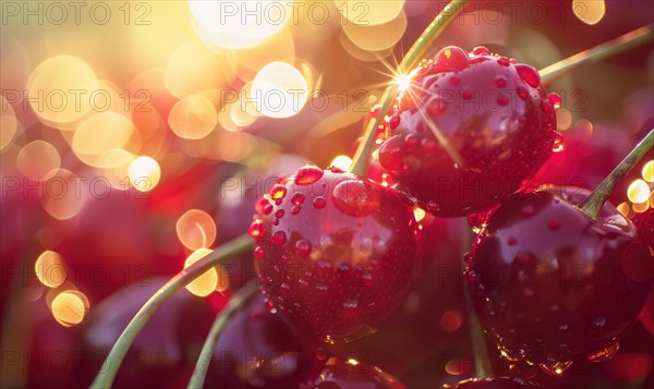 Close-up of a cluster of ripe cherries glistening in the sunlight AI generated