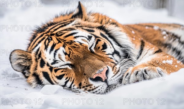 Close-up of a Siberian tiger resting in the snow AI generated