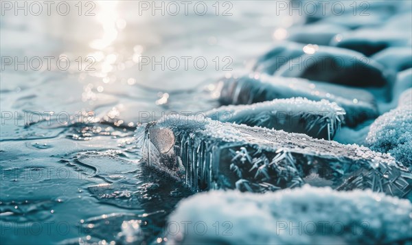 Close-up of frost-covered rocks along the edge of a frozen lake AI generated