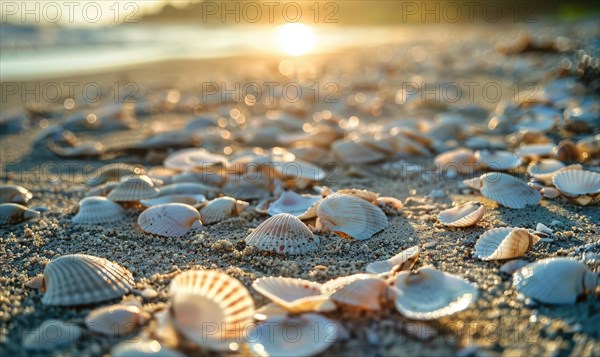 Close-up of seashells scattered along the sandy shore AI generated