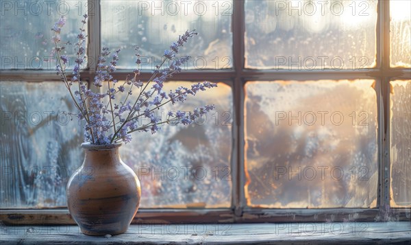 A vintage window sill with a ceramic vase containing lavender flower AI generated