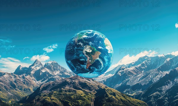 An Earth globe set against a mountain backdrop with a clear blue sky AI generated