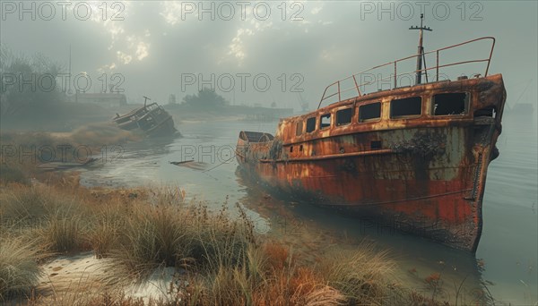 A rusty, abandoned boat on a desolate, foggy beach creates an eerie, abandoned atmosphere, AI Generated, AI generated