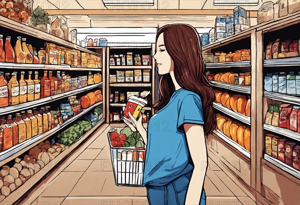 The beautiful woman is looking at the shelves to buy something from the supermarket. ai generative, AI generated