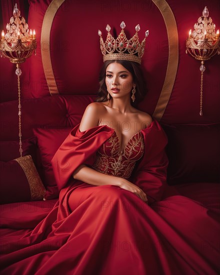 Fashion interior photo of beautiful sensual woman with dark hair in luxurious dress and crown posing in bed. ai generative, AI generated