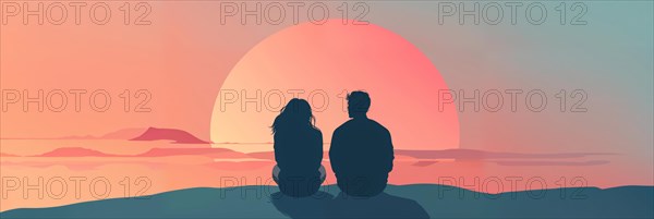 Two people, a couple, sitting by the sea and watching a peaceful sunrise, romantic, AI generated, AI generated