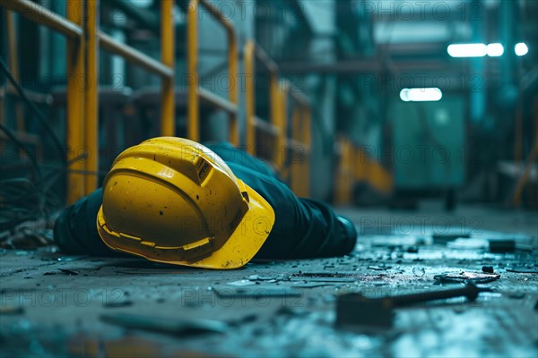 Worker with safety helmet lying on warehouse floor after accident. KI generiert, generiert, AI generated