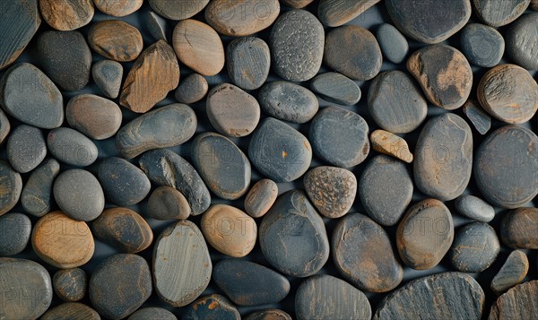 Top view of smooth river pebbles in shades of gray and tan AI generated