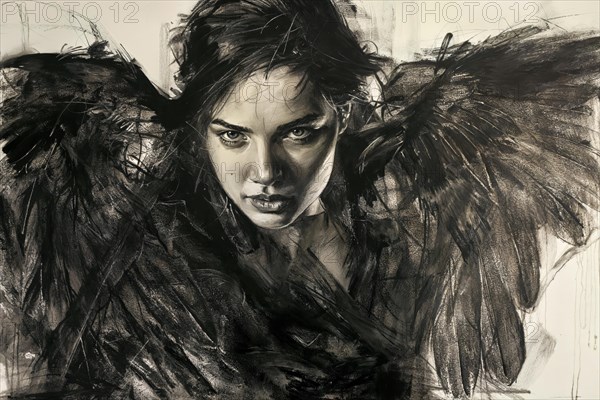 Portrait of a woman in sketchy style, with raven wings around her, raven woman, cover design, AI generated, AI generated