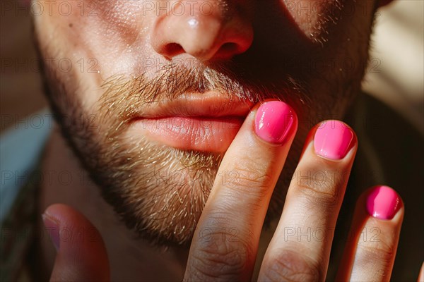 Man's hand with pink nail color. KI generiert, generiert, AI generated