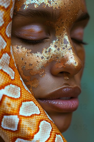 A woman's face adorned with gold leaf and a snake wrapped around, blurry teal turquoise solid background, beauty studio lighs, fashion artsy make up, high concept potraiture, AI generated