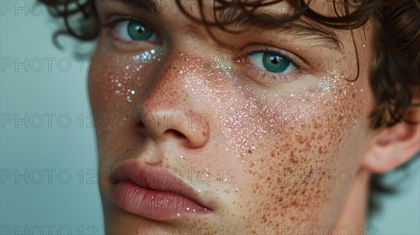 Soft gaze of a blue-eyed individual with copper sparkles on face, blurry teal turquoise solid background, beauty product studio light, fashion artsy make up, high concept potraiture, AI generated