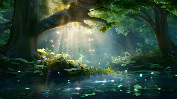 AI generated ethereal mystical forest scene with digital glow effects