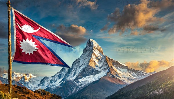 The flag of Nepal, fluttering in the wind, isolated against a blue sky