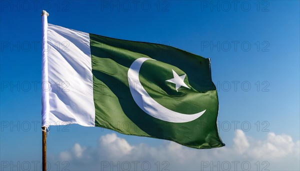 The flag of Pakistan flutters in the wind, isolated against a blue sky