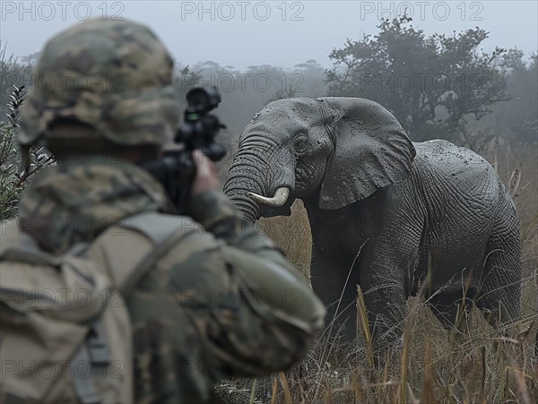 Elephant hunting in Africa, AI generated