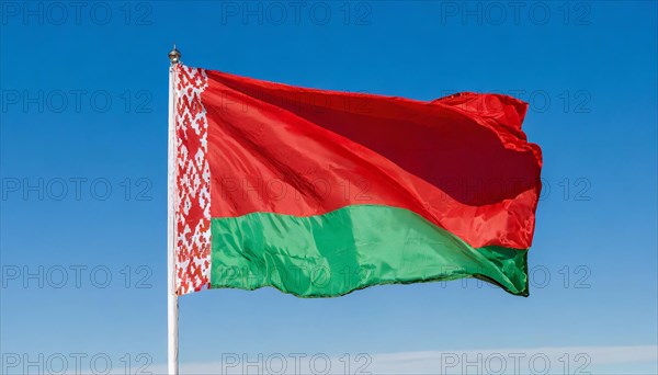 The flag of Belarus flutters in the wind, isolated, against the blue sky