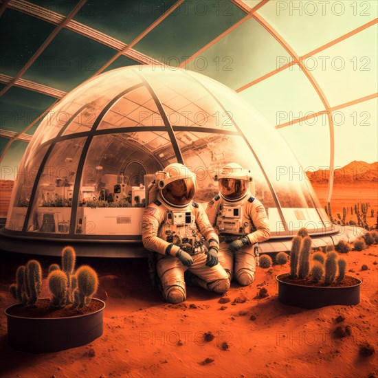 Hydroponic greenhouses installed on mars. Future vision of human colonization on other planets. Generative AI image, AI generated