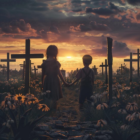 Siblings holding hands in a flower-covered cemetery, war, war graves, military cemetery, AI generated