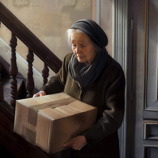 Senior citizen with scarf on stairs, pensively looking at a parcel in the light of a window, apartment relocation, apartment relocation, housing shortage, AI generated