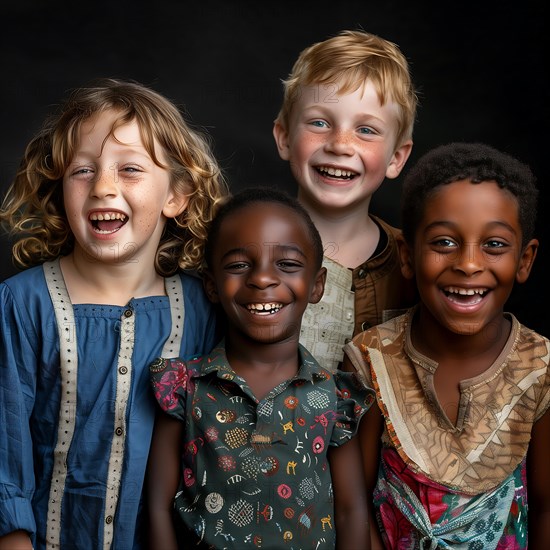 A group of exuberant children of different origins share a moment of joy, group picture with laughing children of different nationalities and cultures, KI generated, AI generated