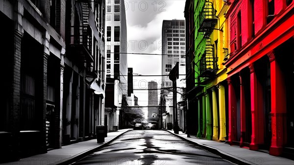 AI generated bustling street scene monochromatic snapshot with colorful digital elements