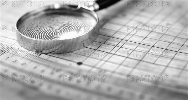 Magnifying glass resting on a fingerprint on paper. generative AI, AI generated