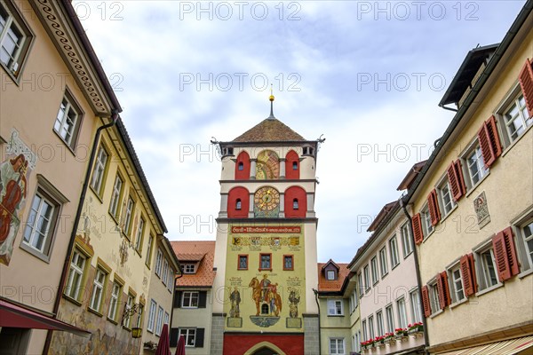 The Martinstor, also known as the Lindauer Tor, is one of the three remaining town gates in Wangen im Allgaeu, Upper Swabia, Baden-Wuerttemberg, Germany, Europe
