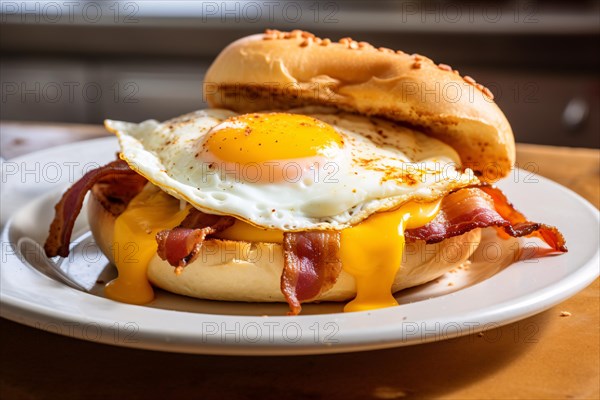 Toasted beagle with fried egg, cheese and bacon. KI generiert, generiert, AI generated