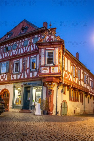 View of an old town, half-timbered houses and streets in a town. Seligenstadt am Main, Hesse Germany