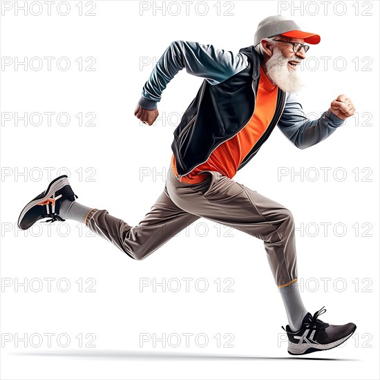 Stylish older man sprints dynamically in modern running clothes, exuberant and cheerful, start running, start, advertising, special offer, AI generated