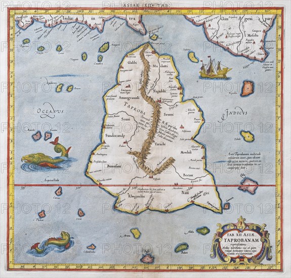 Sri Lanka as the mythical island of Taprobana, hand-coloured copperplate engraving by Gerhard Mercator, Utrecht 1695