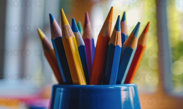 Close-up of a bunch of colored pencils, abstract background with colored pencils macro view AI generated