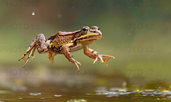 Close-up of Rana arvalis in mid-jump AI generated