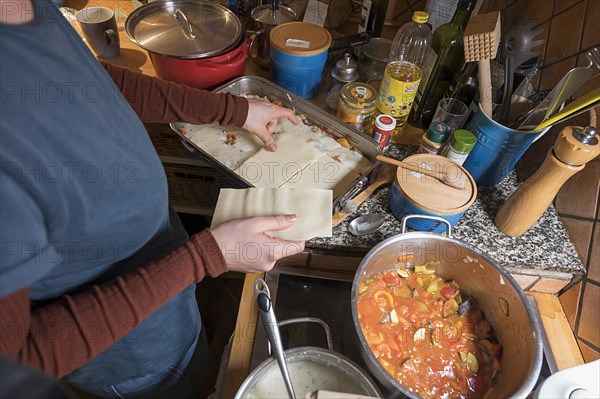 Preparation of a vegetable lasagne, Mecklenburg-Vorpommern, Germany, Europe