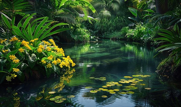 A tranquil pond surrounded by lush greenery AI generated