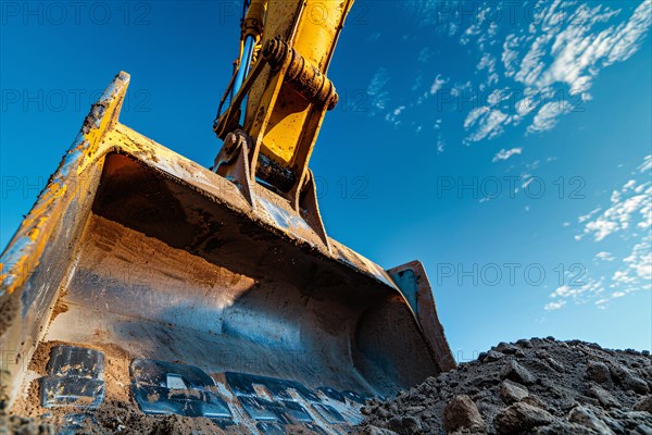 Close up of large shovel of bucket tractor. KI generiert, generiert, AI generated