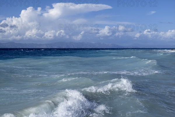 Mediterranean Sea off the west coast of Rhodes, in the background the coast of Turkey, Rhodes, Dodecanese archipelago, Greece, Europe