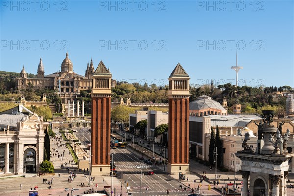 The Venetian Towers, Torres Venecianes or Venetian Towers, in the background the Museu Nacional d'Art de Catalunya, Barcelona, Spain, Europe