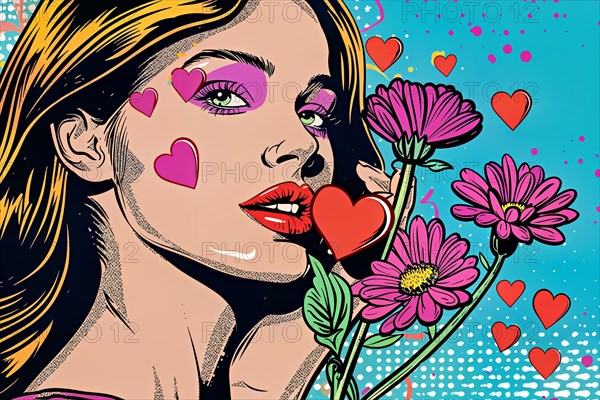 Illustration in pop art design of a woman with pink flowers, surrounded by hearts, AI generated, AI generated
