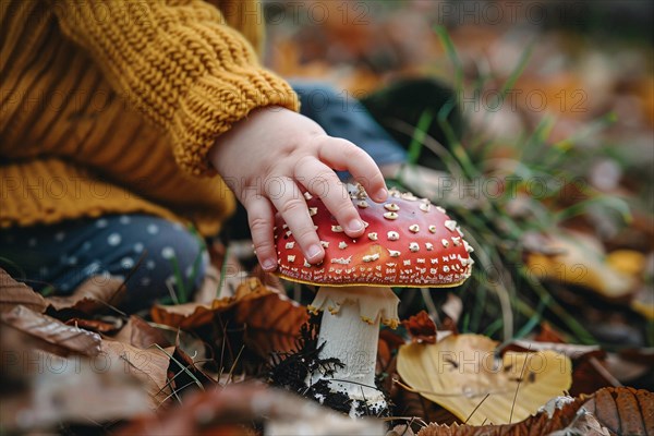 Child's hands picking up red toxic fly agaric Amanita Muscaria mushroom in forest. KI generiert, generiert, AI generated