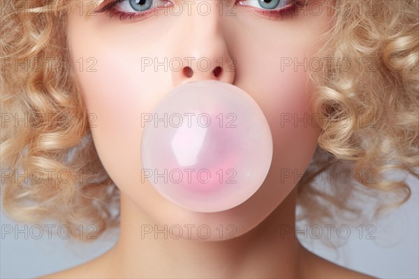 Woman blowing large pink bubblegum bubble. KI generiert, generiert, AI generated